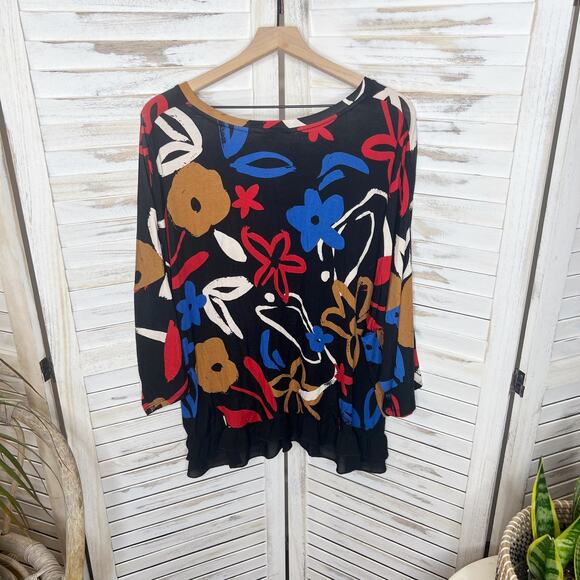 LOGO by LORI GOLDSTEIN Women's Printed Oversized Drop Shoulder Top Black Floral - Picture 4 of 11